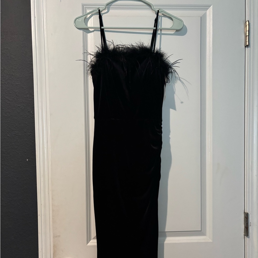 Black Velvet Prom Dress With Feather Trim